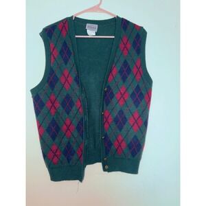 Vintage Nikki Argyle Cardigan Vest Mens Medium Green Burgundy Navy Made in USA